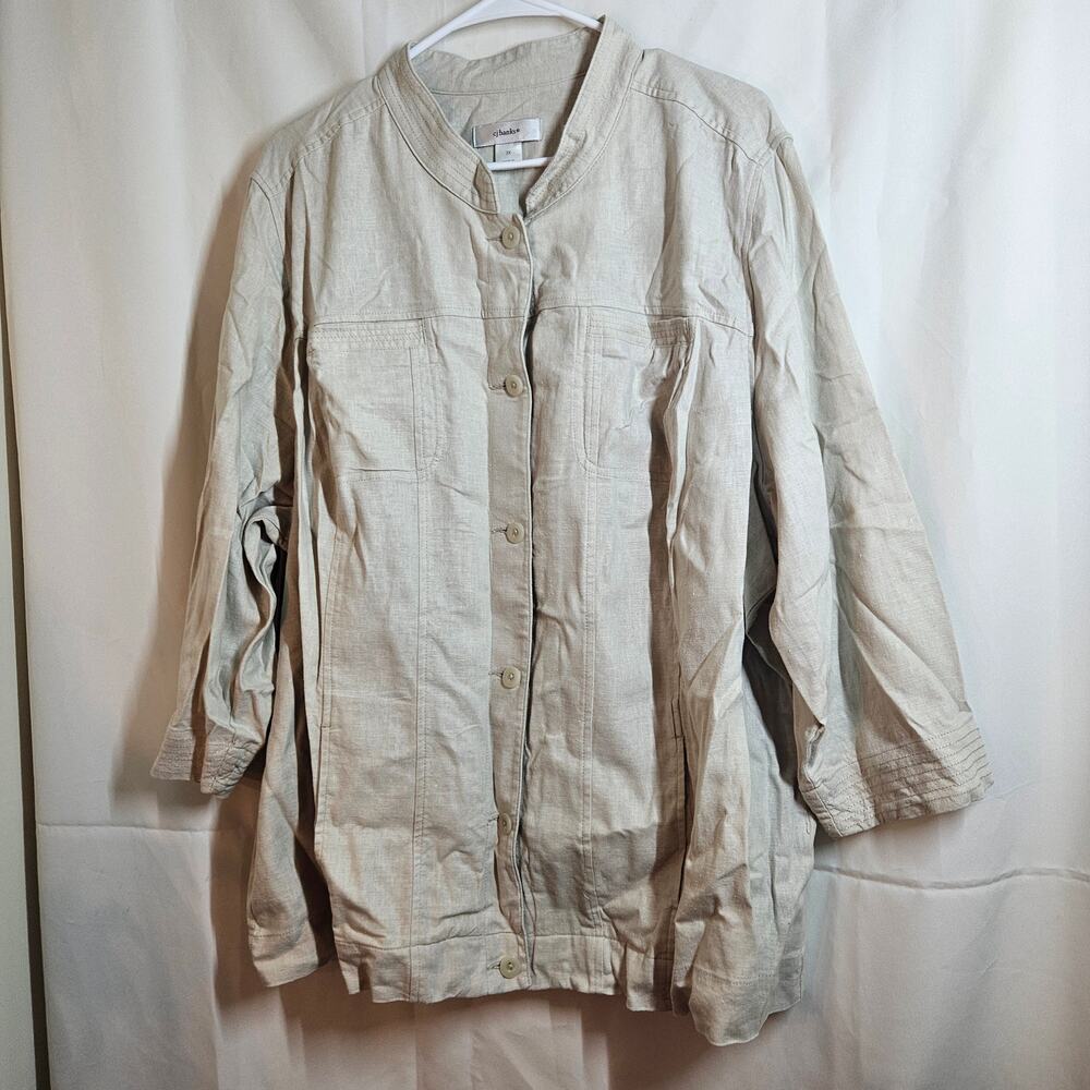 CJ Banks Jacket Women's size 3X Ivory 3/4 Sleeve Pockets Button Up Linen Blend